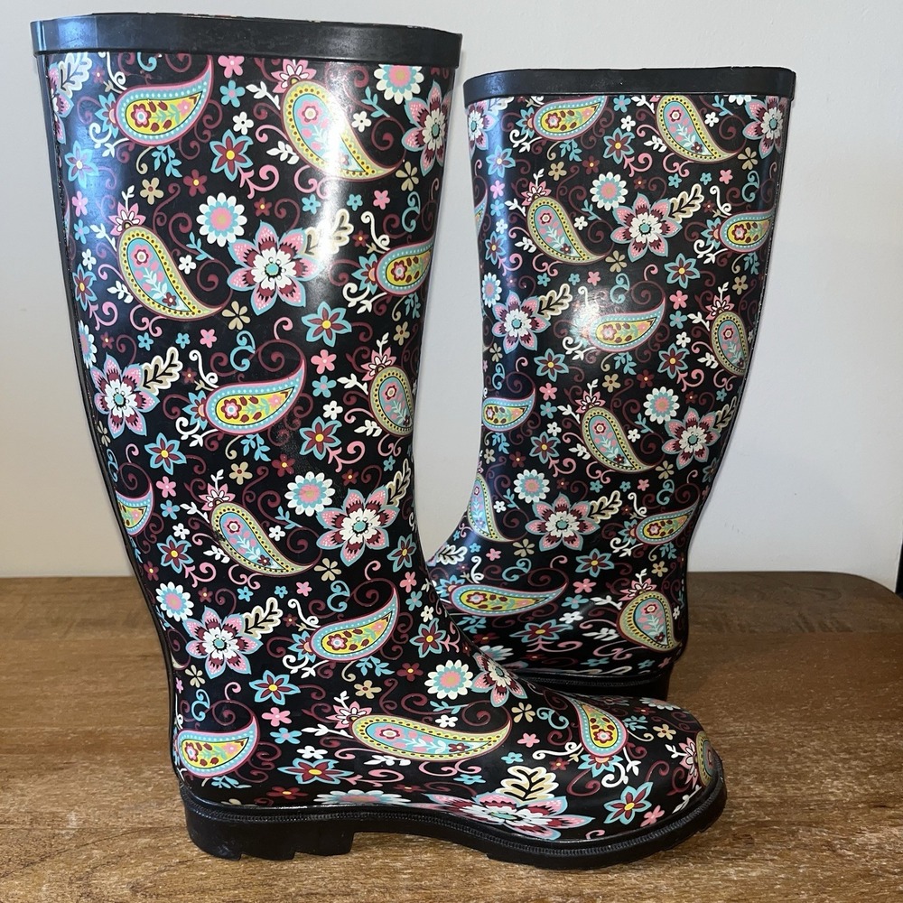 Kelly & Katie Paisley Floral Boho Tall Rain Boots Black‎ Rubber Waterproof Sz 6